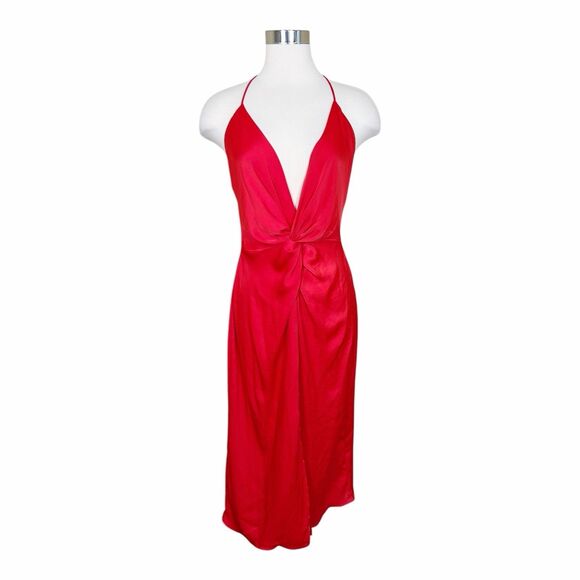 Zara Spain Red Satin Lingerie Slip Midi Dress Knotted Blogger Favorite NWT Sz M - Picture 4 of 11